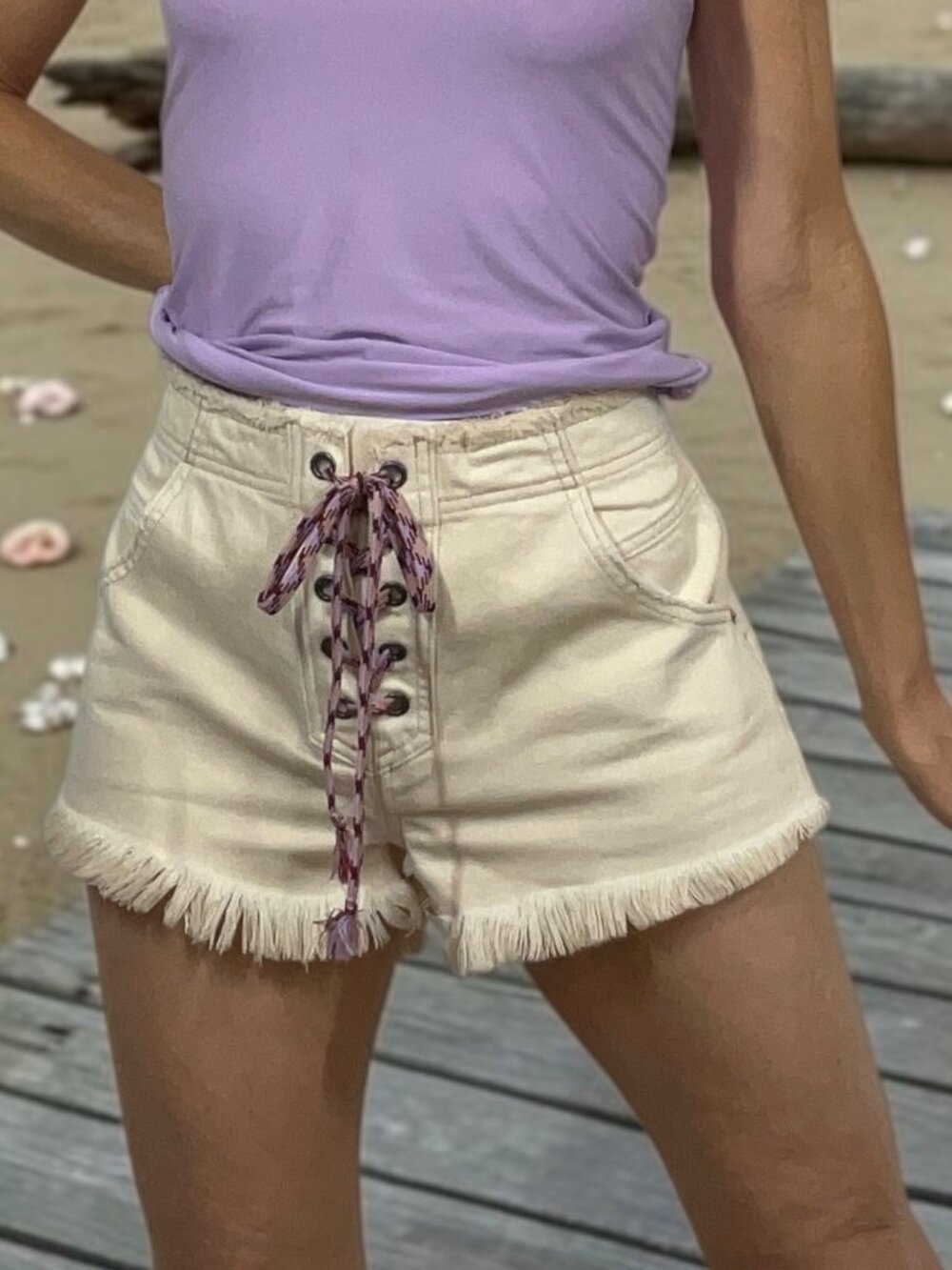 Free People We The Free Becket Lace Up Cutoff Denim Shorts 26 Cream